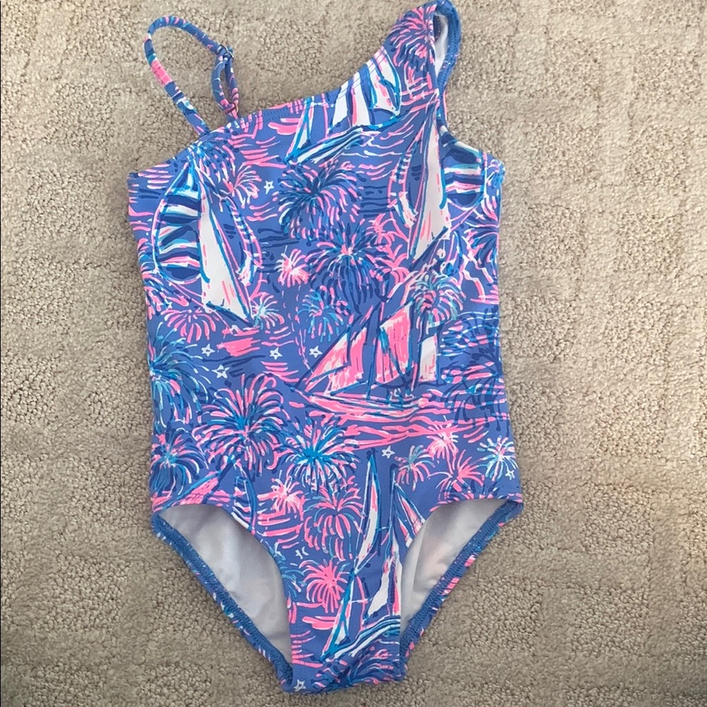 VGUC Girls Lilly Pulitzer Tiara Swim One-Piece Swimsuit - Blue and Pink Size 2